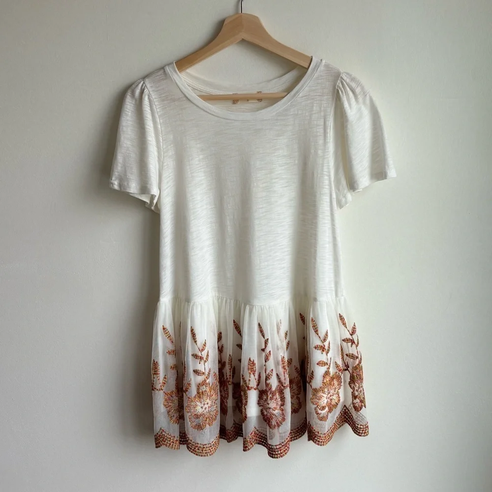 Altar'd State Cream Babydoll Peplum Tunic Floral Tulle Mesh Top T-Shirt Size S - Picture 1 of 5